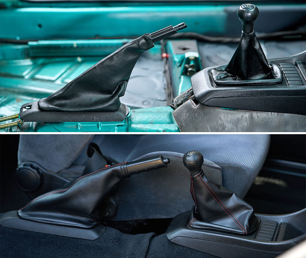 Before-and-after shots of our car shifter cover and e-brake cover.